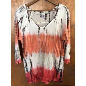 XCVI White Orange Red Tie Dye Long Sleeve Top Hippie Tunic Earthy Lagenlook Boho